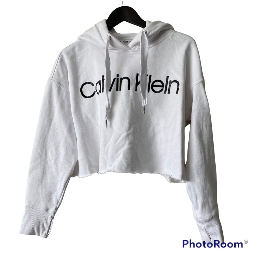 Calvin Klein white cropped soft cotton hoodie performance size medium sweatshirt